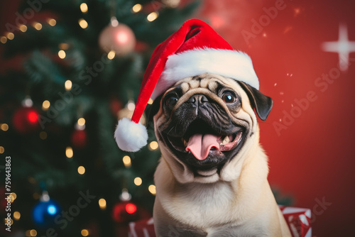 pug in a santa claus hat holds a gift in his teeth near the christmas tree at home in a modern light interior created with Generative Ai © Maria