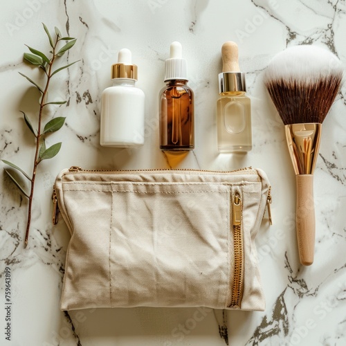 A makeup bag containing natural cosmetic products placed on a marble desk. Th...