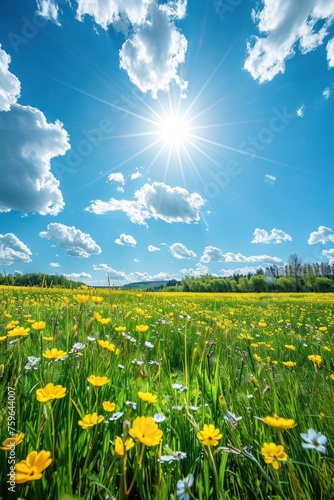 A beautiful field with blooming rapeseed at sunny day. There are rapeseed flo...