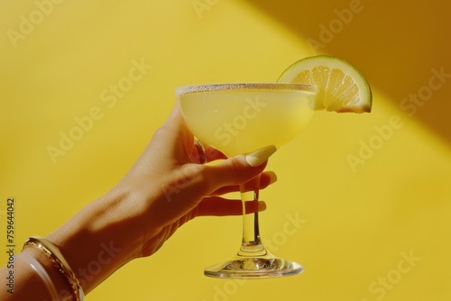 a person is presenting a margarita with a hand on a yellow background