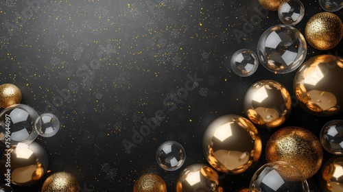 Beautiful festive minimalistic black background with gold and clear balloons ...