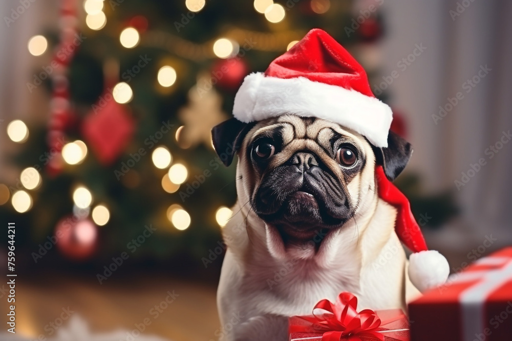 pug in a santa claus hat holds a gift in his teeth near the christmas tree at home in a modern light interior created with Generative Ai pug in a santa claus hat holds a gift in his teeth near the christmas tree at home in a modern light interior created with Generative Ai