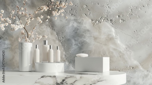 Natural beauty podium backdrop featuring an empty cube box for displaying cos...