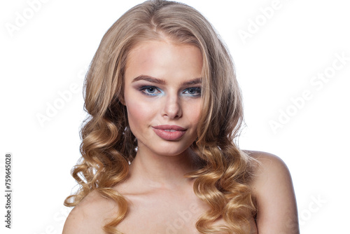 Nice young fashion woman with healthy blonde hair and make-up on white background