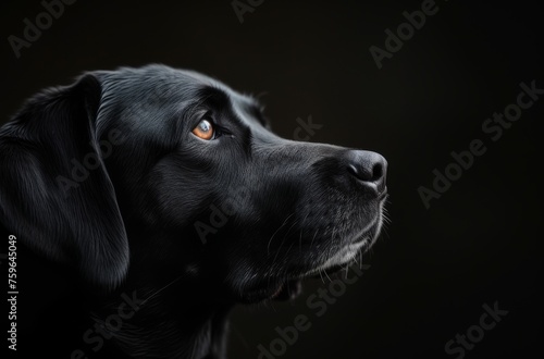 A dramatic portrait of a Black Labrador with an attentive and bright-eyed gaze, set against a dark background for a striking contrast