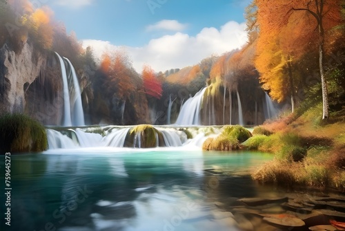 Amazing morning view of pure water waterfall in Plitvice National Park. Marvelous autumn scene of Croatia, Europe. Beauty of nature concept Generative AI