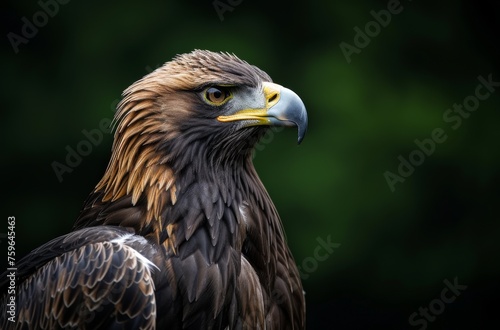 Detailed portrayal of a golden eagle's feather pattern, focused gaze, and sharp beak against a dark backdrop
