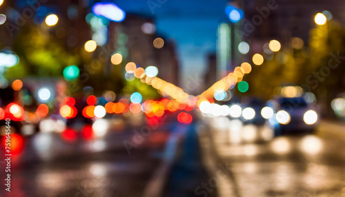 Abstract blurred city lights. Night traffic bokeh. Car headlights.