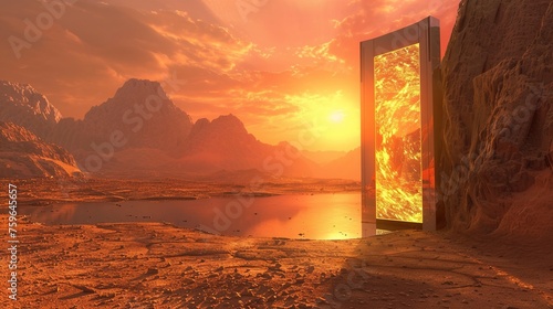 Door in the desert at sunset. Fantasy alien planet. Mountain and lake