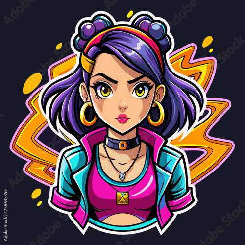 Sticker featuring a stylish girl with bold  graffiti-inspired accessories  exuding attitude and personality  ideal for adding edge to t-shirt designs