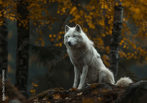 The elusive Arctic wolf captured in a serene autumn forest setting with vibrant foliage