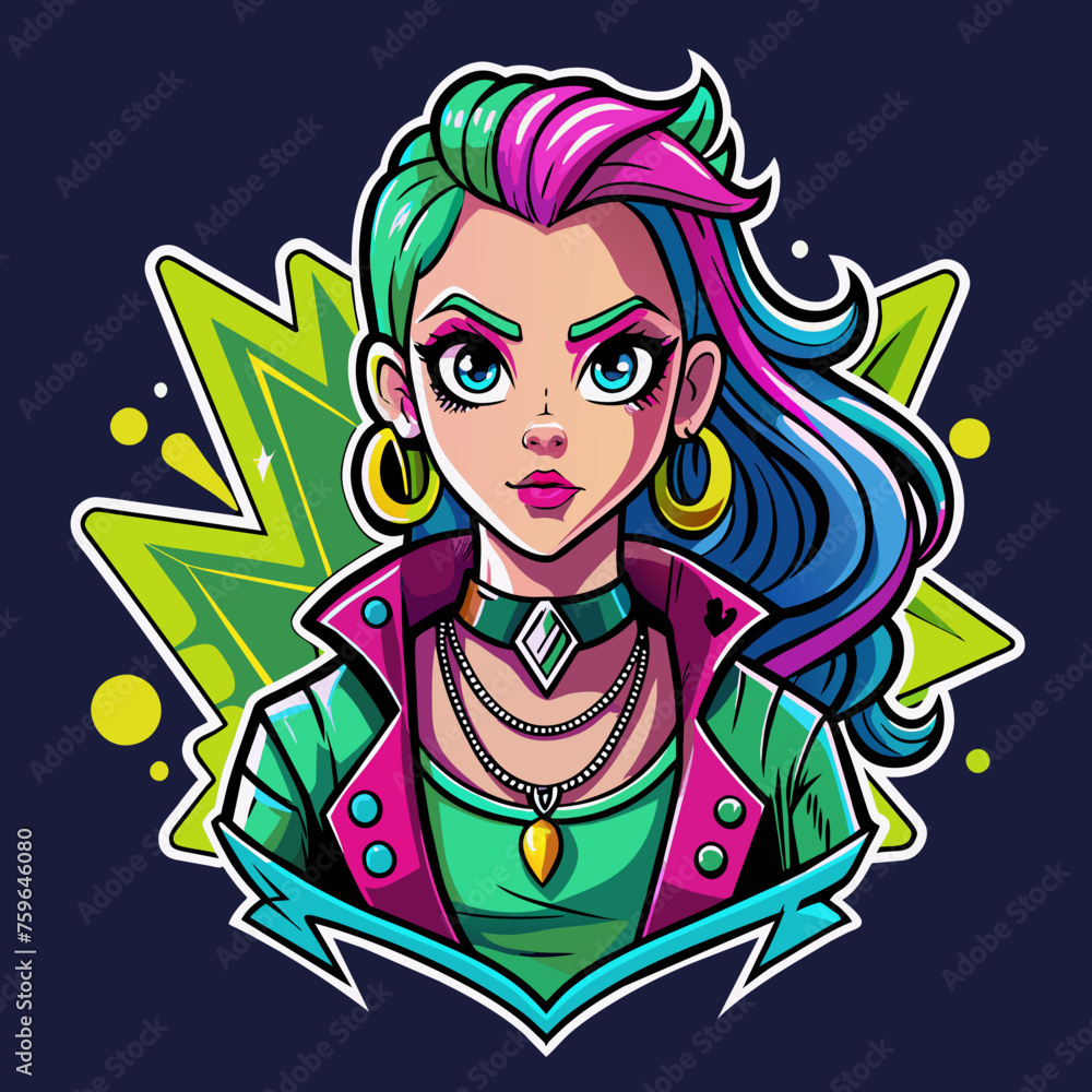 Sticker featuring a stylish girl with bold, graffiti-inspired accessories, exuding attitude and personality, ideal for adding edge to t-shirt designs