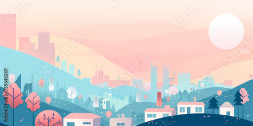 Illustration in simple minimal geometric flat style - city landscape with buildings, hills and trees.