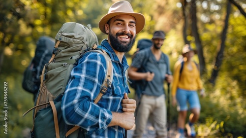 Happy man with friends with backpack for hiking mountain  travel or sightseeing