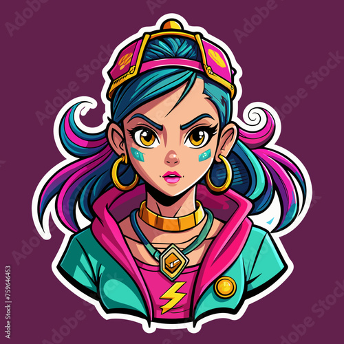 Sticker featuring a stylish girl with bold, graffiti-inspired accessories, exuding attitude and personality, ideal for adding edge to t-shirt designs