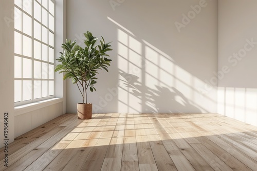 An empty white room with a wooden floor and a potted plant