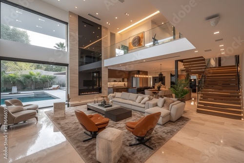 An image of a double-height living room with a contemporary and opulent style. The room features a modern fireplace and a natural wood staircase leading to the second level, which has a seating area © interior