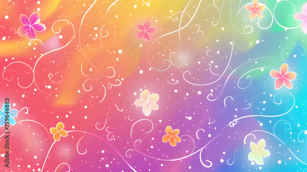 A vibrant background featuring a variety of multicolored flowers and swirling patterns. The flowers are in shades of pink, purple, yellow, and blue. The intricate swirls create a dynamic composition