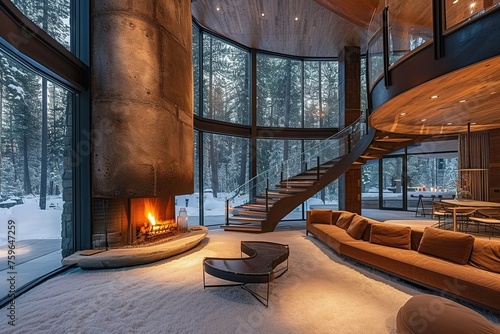 a beautiful house, in which the fireplace is given a lot of attention, impressive design, modern and clean