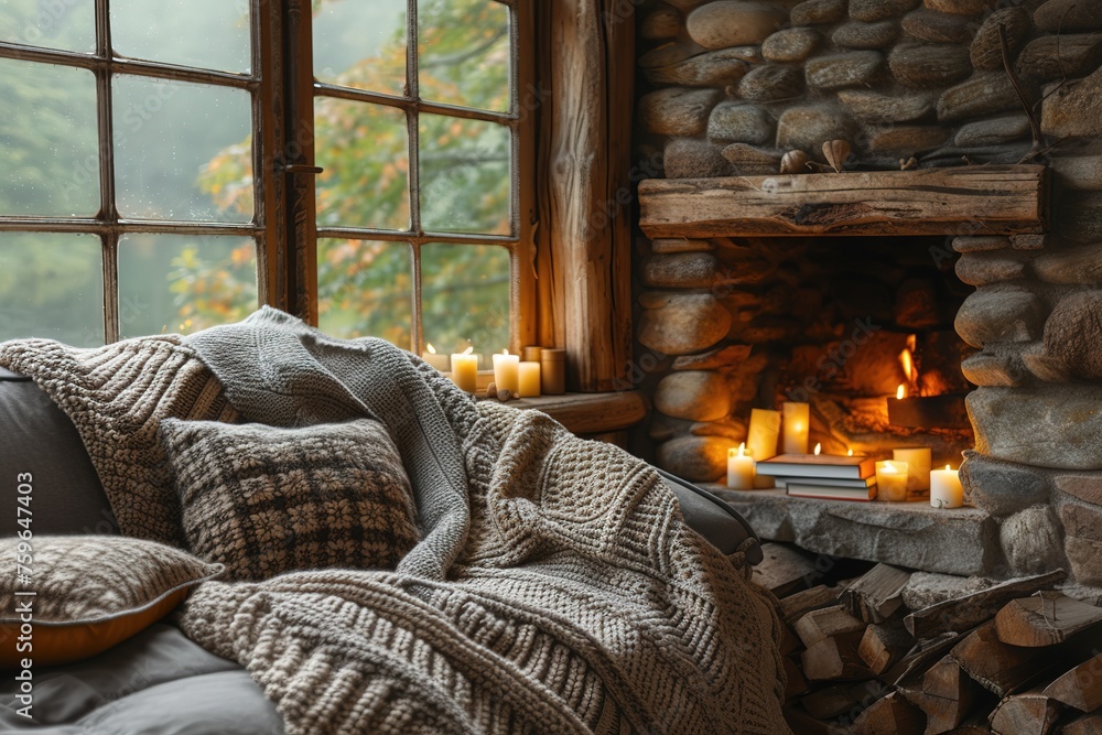 A cozy autumn day in a country house with fireplace, warm blanket on a couch, candles and books