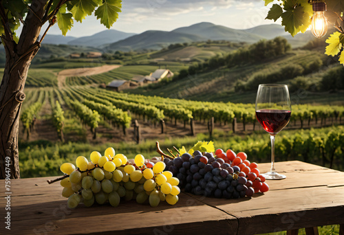 Wine bottles and glasses, grape farm background