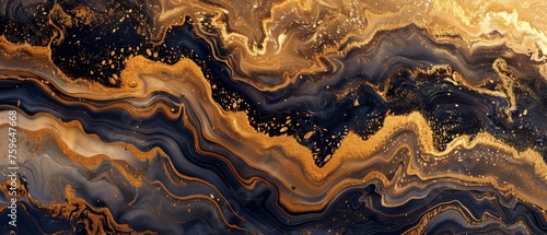 Abstract liquid marble floor with golden, brown, and dark grey and dark blue colors. Top view. Acrylic painting on canvas with gray glitter and gradient. Ink-beige backdrop with shiny wavy pattern © ND STOCK