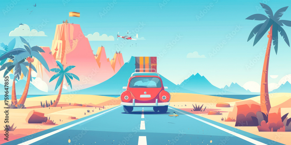 Travel to World. Road trip. Tourism concept, flat style illustration.