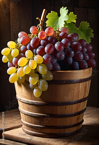 Grapes placed in wooden barrels