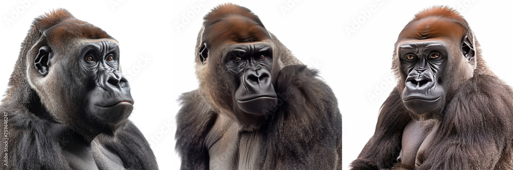 A profound close-up portrait of a Western Lowland Gorilla, expressing contemplation, isolated on white. A profound close-up portrait of a Western Lowland Gorilla, expressing contemplation, isolated on white.
