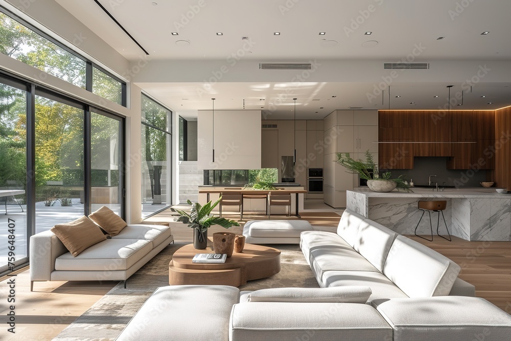 Naklejka premium A modern minimalist home interior design with clean lines, sleek furniture, and neutral color palette, featuring an open-concept living space connected to a spacious kitchen, bathed in natural light f