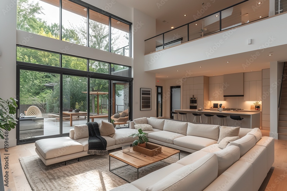 Obraz premium A modern minimalist home interior design with clean lines, sleek furniture, and neutral color palette, featuring an open-concept living space connected to a spacious kitchen, bathed in natural light f