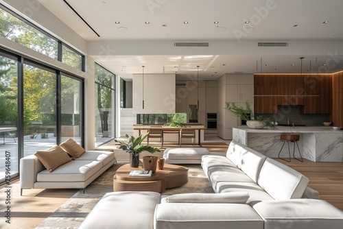 A modern minimalist home interior design with clean lines  sleek furniture  and neutral color palette  featuring an open-concept living space connected to a spacious kitchen  bathed in natural light f