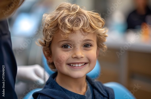 A cheerful young boy smiling brightly during a haircut in a hair salon