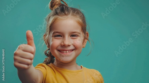 A photo showing a joyful young girl giving a thumbs-up gesture with a bright ...
