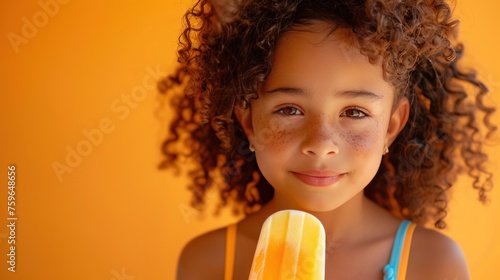 A charming young girl in a summer swimsuit holds a delightful fruit ice pop a...