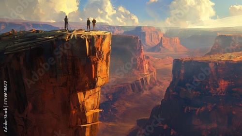 A group of friends standing on the edge of a cliff, taking in the breathtaking panorama of a vast canyon below.