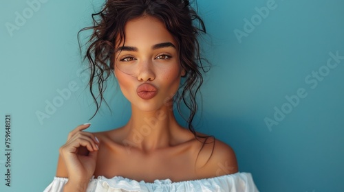 Charming lady in white off-the-shoulder top blows a kiss, radiating elegance ...