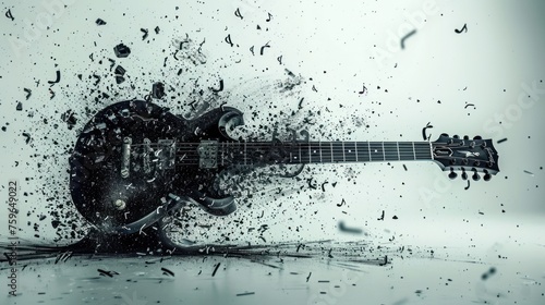 A vibrant background accentuates the explosion of a sleek black rock guitar, ...