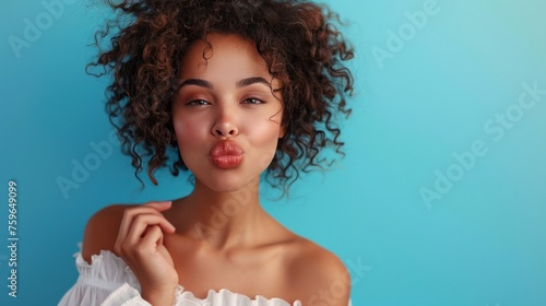 Close-up portrait of a charming and vibrant lady in a stylish white off-the-s...