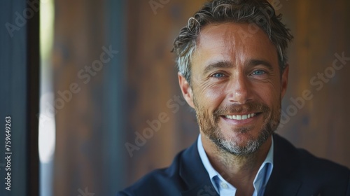 A charming CEO's smile fills the portrait, off-center composition providing a...