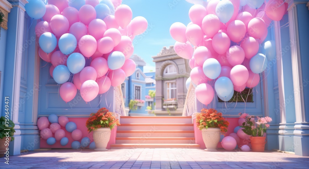 colorful balloons flutter on a pink background near a blue door colorful balloons flutter on a pink background near a blue door