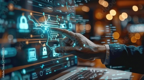 Digital marketing portrays a businessman engaging with a modern interface for...
