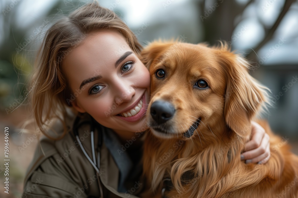 An intimate and tender moment of a woman giving her golden retriever a loving embrace