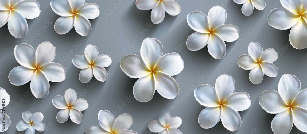 Fototapeta premium Optical illusion design featuring plumeria flowers on gray background. Suitable for interior decor, printing, web, and textile design. Delicate floral pattern seamlessly integrated.