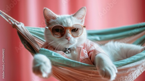 A charming white cat wearing sunglasses and a shirt lounges on a fabric hammock