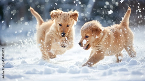 Puppies frolic in the snow, chasing each other with joyful barks