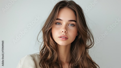 A beautiful brunette with healthy, long hair models an elegant hairstyle