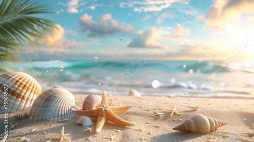Concept of summer featuring a sandy beach, seashells, and starfish