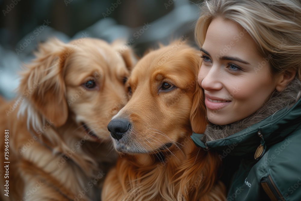A woman in green outerwear finds comfort nestled between two affectionate golden dogs on a chilly day