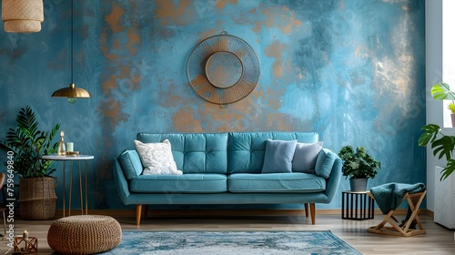 Bright and Blue A Stylish Living Room Interior Radiating Comfort and Elegance © Rudsaphon